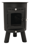 A black Outbacker Hygge oval tent stove with visible door and legs, set against a white background.

